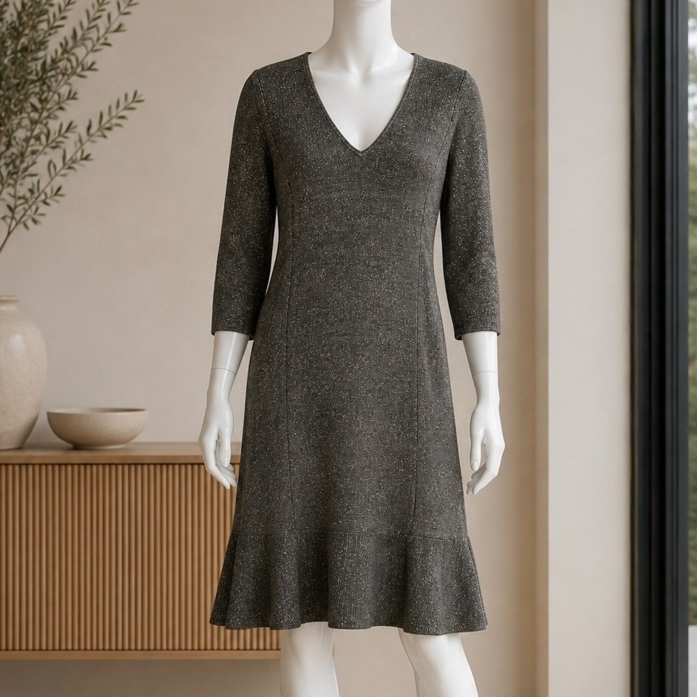 Wrap London Womens Sweater Dress Metallic Wool Shimmer V-Neck Gray Gold 16